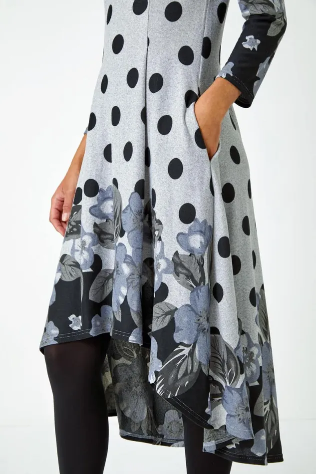 Women Grey Floral Spot Border Print Stretch Dress Roman Dresses