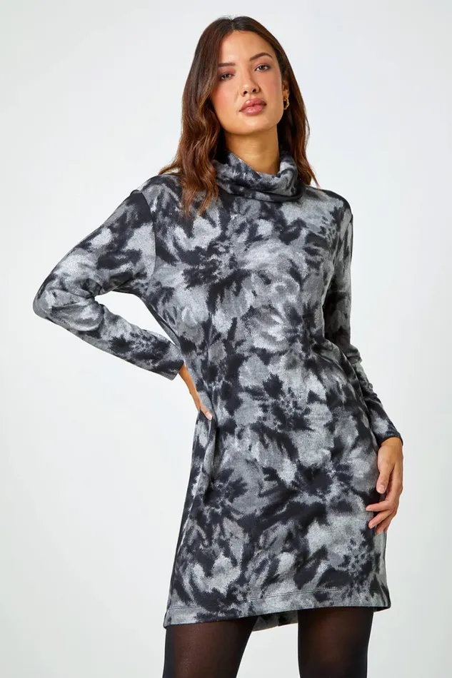 Women Grey Floral Tie Dye Print Tunic Stretch Dress Roman Dresses