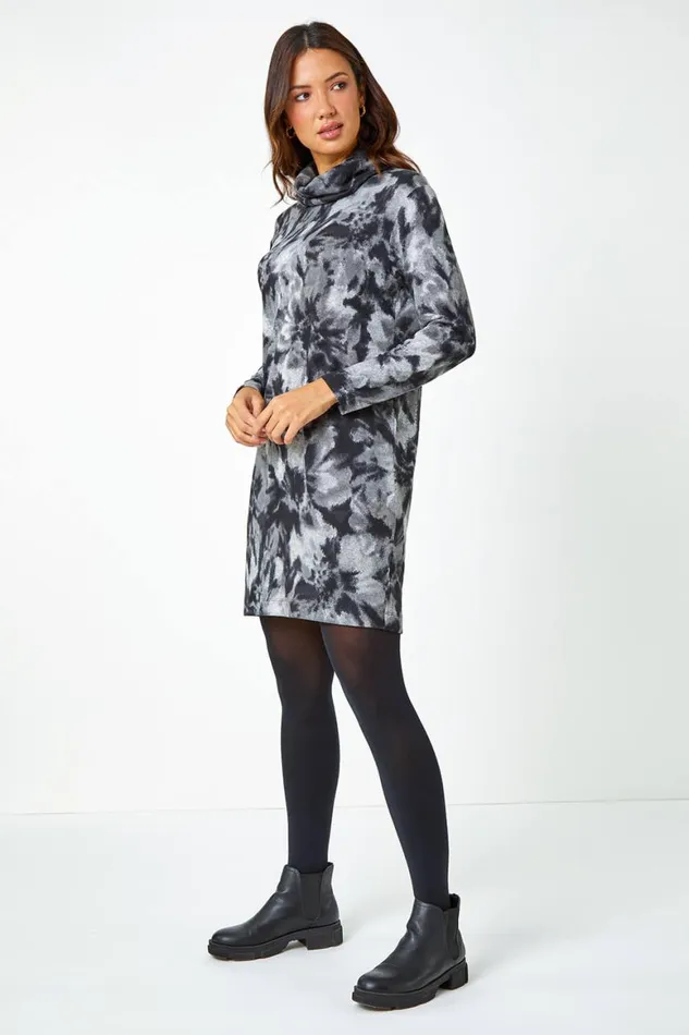 Women Grey Floral Tie Dye Print Tunic Stretch Dress Roman Dresses