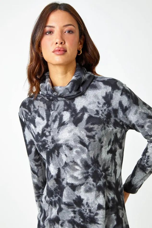 Women Grey Floral Tie Dye Print Tunic Stretch Dress Roman Dresses