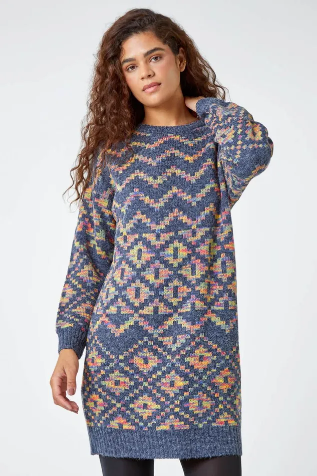 Women Grey Geometric Print Jacquard Jumper Dress Roman Dresses