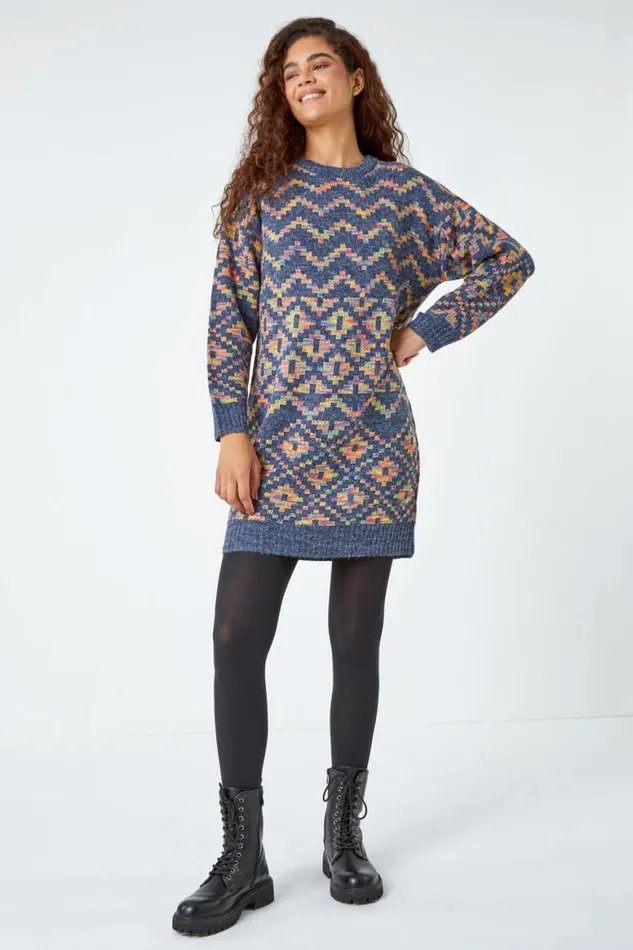 Women Grey Geometric Print Jacquard Jumper Dress Roman Dresses