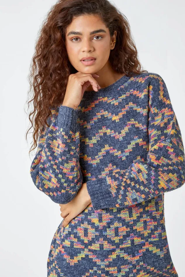 Women Grey Geometric Print Jacquard Jumper Dress Roman Dresses