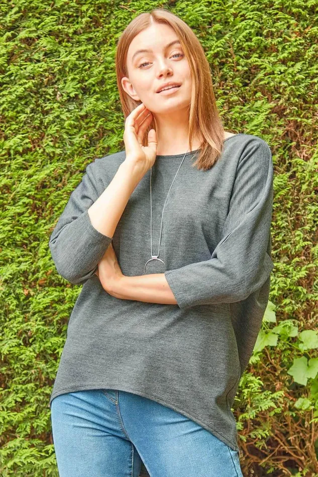 Women Grey Necklace Detail Batwing Slouch Lounge Top Roman Tops