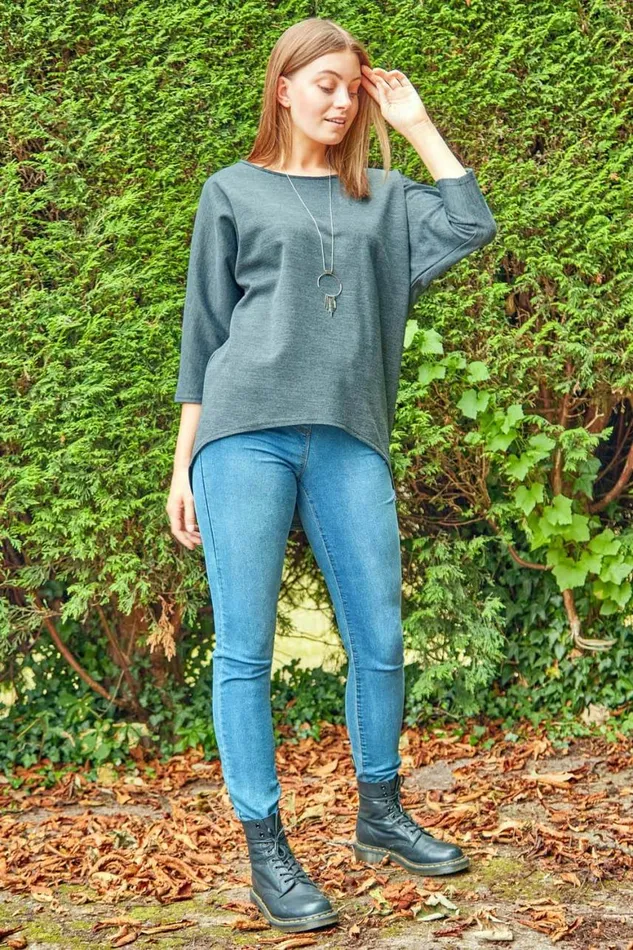 Women Grey Necklace Detail Batwing Slouch Lounge Top Roman Tops