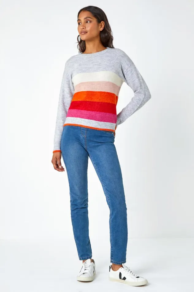 Women Grey Stripe Print Stretch Knit Jumper Roman Knitwear