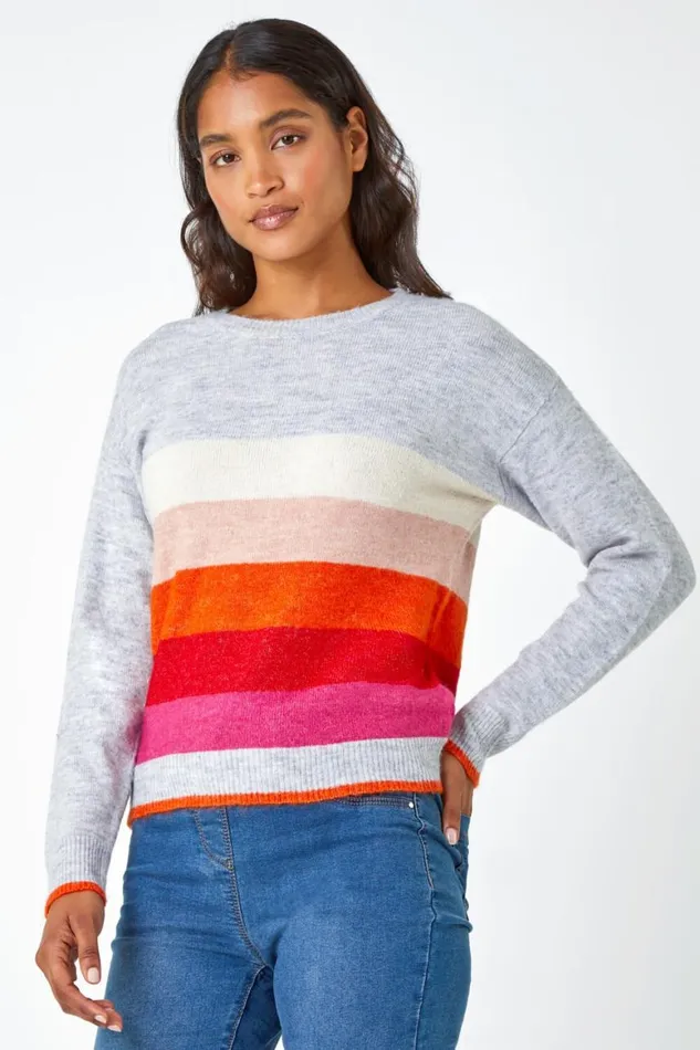Women Grey Stripe Print Stretch Knit Jumper Roman Knitwear