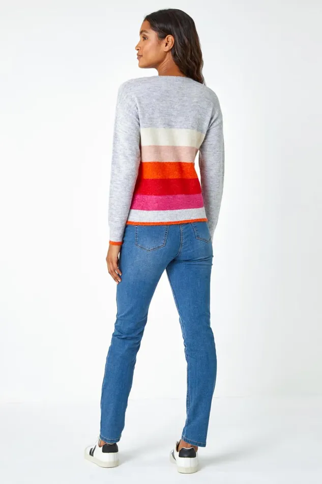 Women Grey Stripe Print Stretch Knit Jumper Roman Knitwear