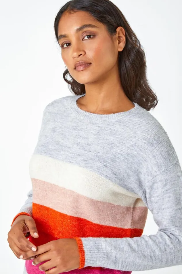 Women Grey Stripe Print Stretch Knit Jumper Roman Knitwear
