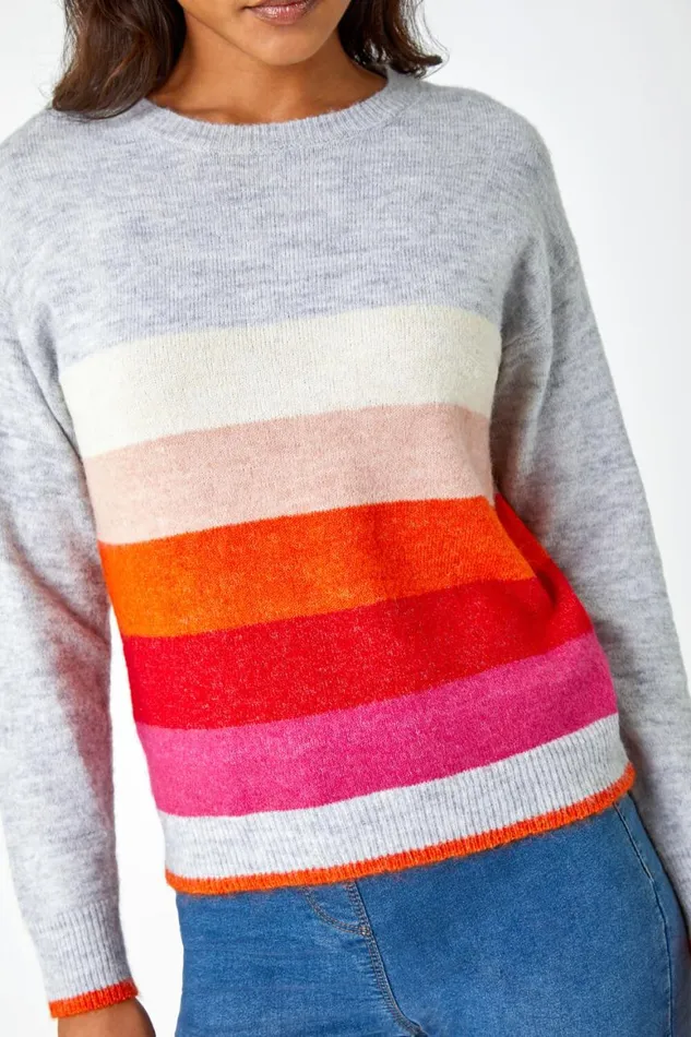 Women Grey Stripe Print Stretch Knit Jumper Roman Knitwear