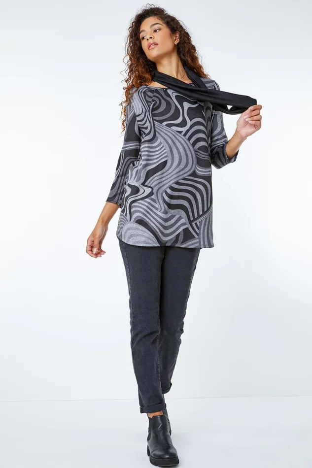 Women Grey Swirl Print Snood Top Roman Tops