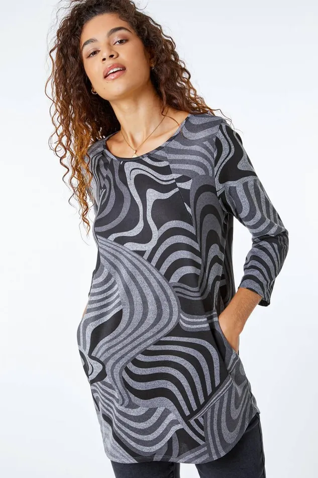 Women Grey Swirl Print Snood Top Roman Tops