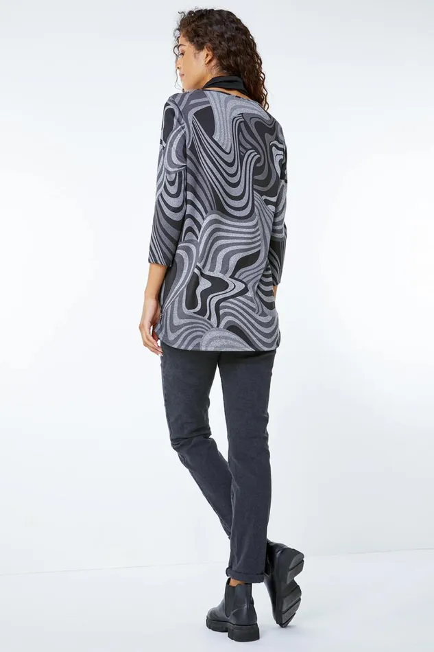 Women Grey Swirl Print Snood Top Roman Tops