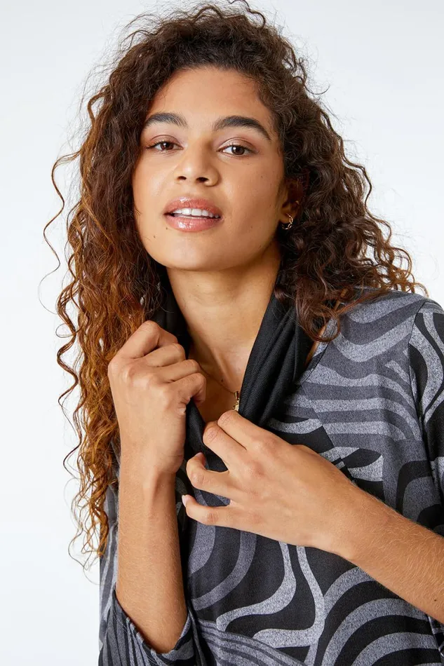 Women Grey Swirl Print Snood Top Roman Tops