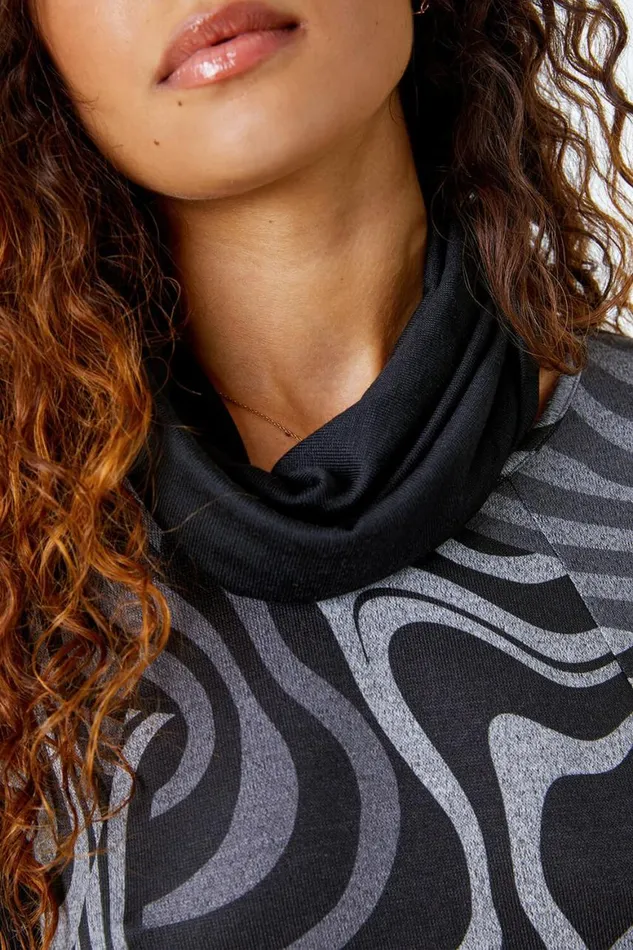 Women Grey Swirl Print Snood Top Roman Tops