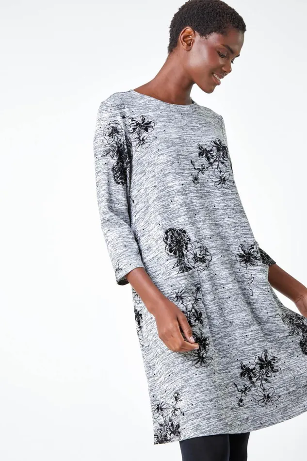 Women Grey Textured Floral Print Swing Stretch Dress Roman Dresses
