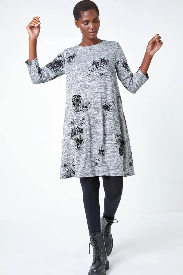 Women Grey Textured Floral Print Swing Stretch Dress Roman Dresses