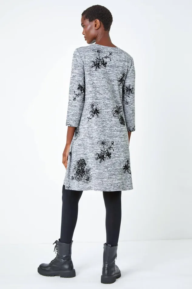Women Grey Textured Floral Print Swing Stretch Dress Roman Dresses