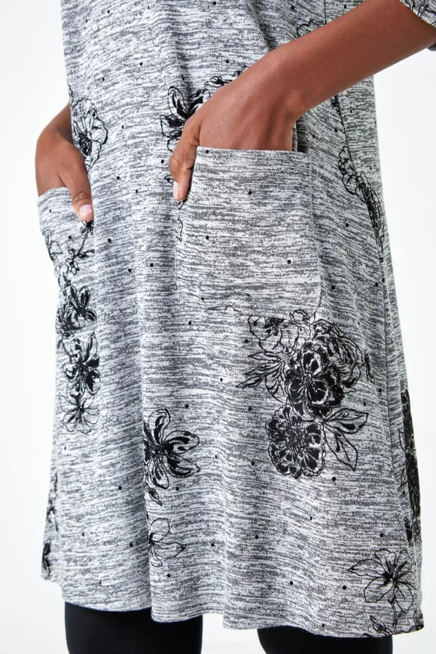 Women Grey Textured Floral Print Swing Stretch Dress Roman Dresses