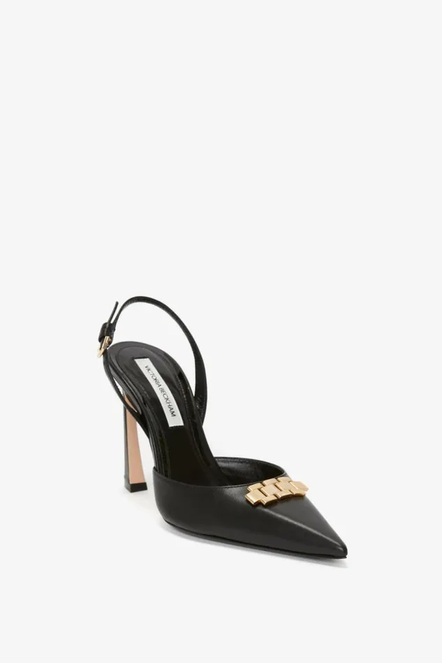 Women Heels Victoria Beckham Pointy Toe Sling Back In Black Calf