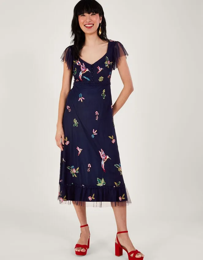 Women Helena Embellished Tea Dress In Recycled Polyester Blue Monsoon Occasionwear