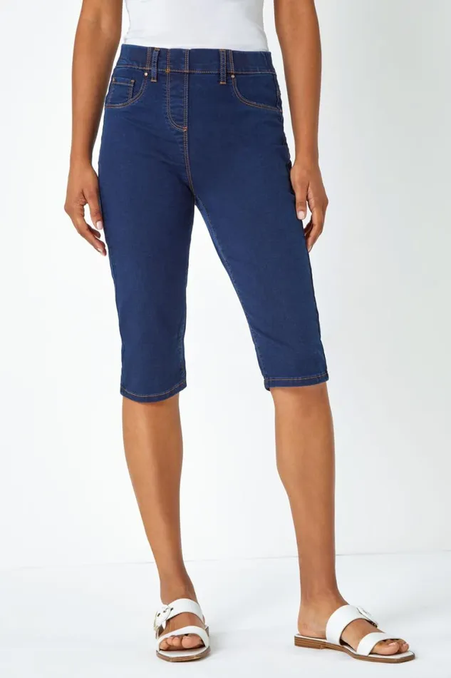 Women Indigo Knee Length Elastic Waist Denim Pedal Pusher Roman Shorts