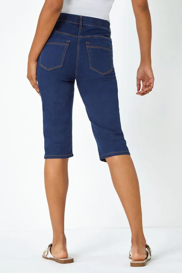 Women Indigo Knee Length Elastic Waist Denim Pedal Pusher Roman Shorts