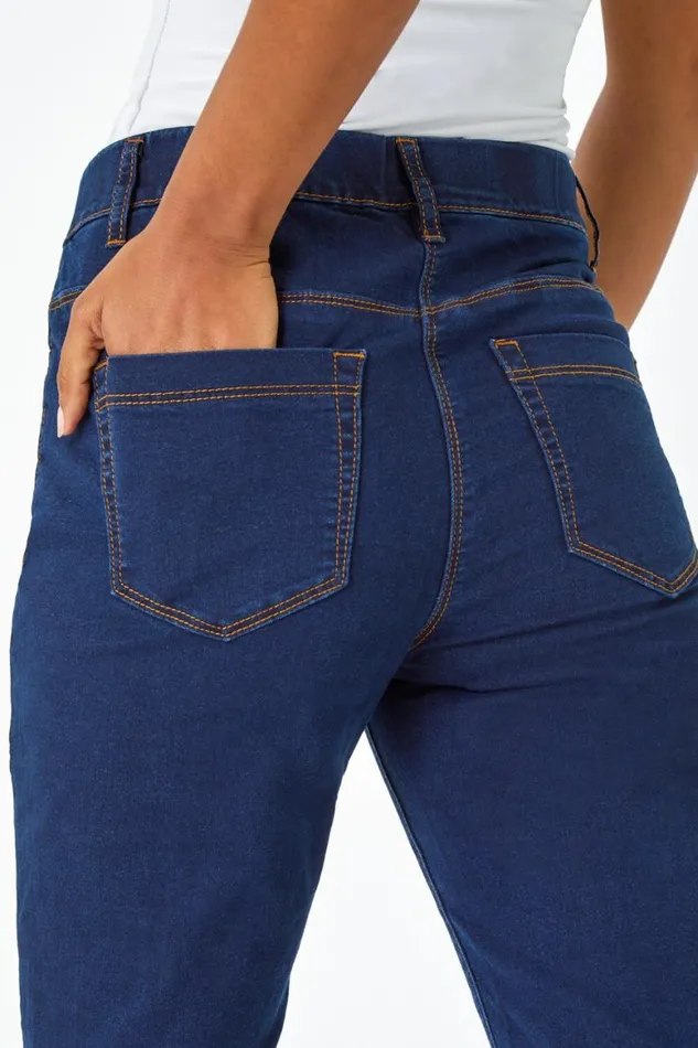 Women Indigo Knee Length Elastic Waist Denim Pedal Pusher Roman Shorts