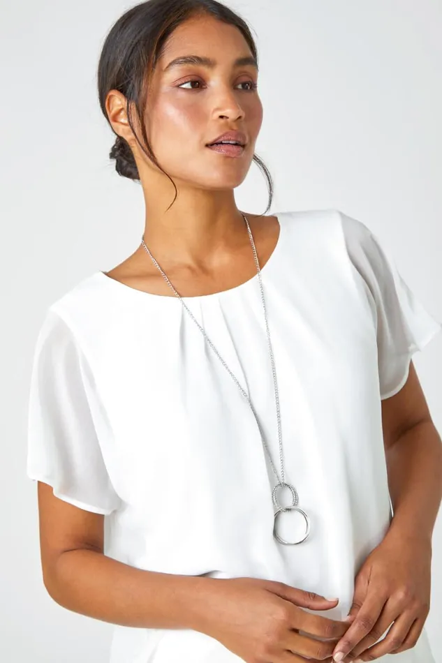Women Ivory Chiffon Jersey Chiffon Blouson Top With Necklace Roman Blouses and Shirts
