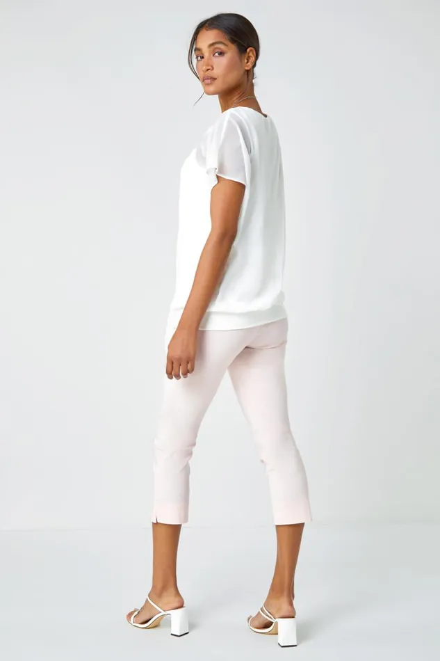 Women Ivory Chiffon Jersey Chiffon Blouson Top With Necklace Roman Blouses and Shirts
