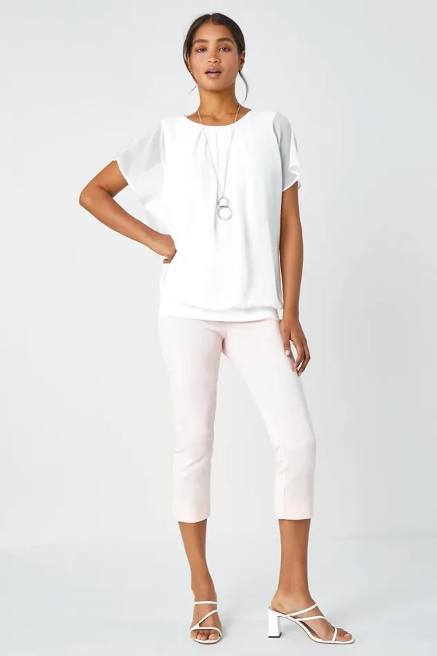 Women Ivory Chiffon Jersey Chiffon Blouson Top With Necklace Roman Blouses and Shirts