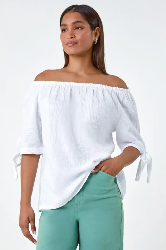 Women Ivory Cotton Blend Tie Detail Bardot Top Roman Tops