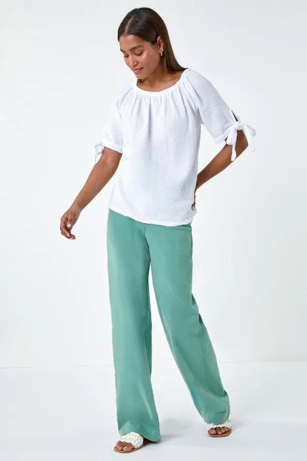 Women Ivory Cotton Blend Tie Detail Bardot Top Roman Tops