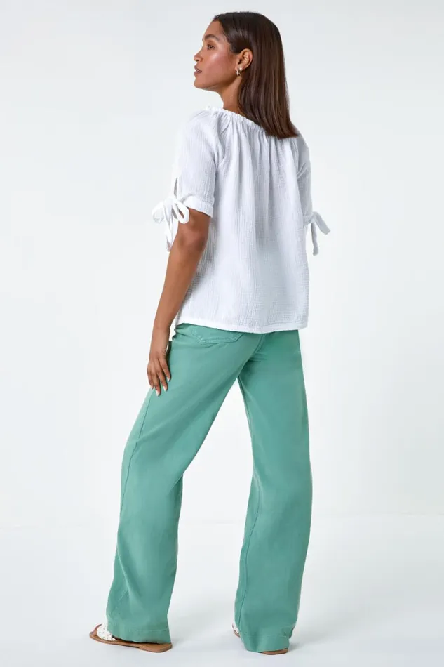 Women Ivory Cotton Blend Tie Detail Bardot Top Roman Tops