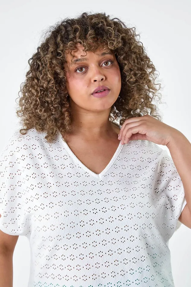Women Ivory Curve Broderie Stretch Tie Detail Top Roman Tops