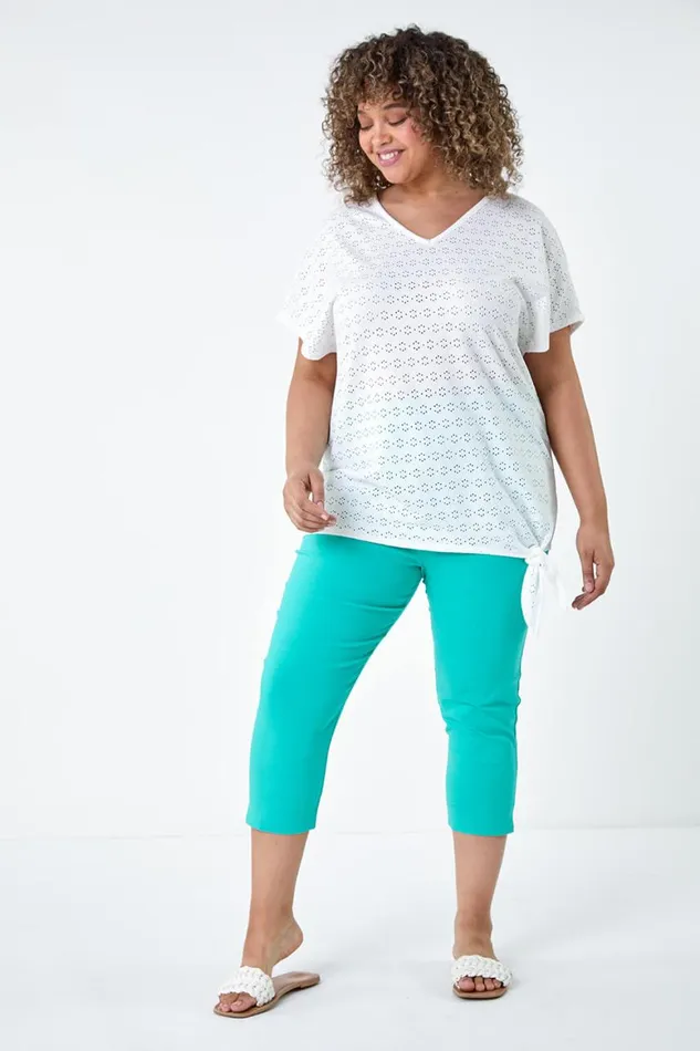 Women Ivory Curve Broderie Stretch Tie Detail Top Roman Tops
