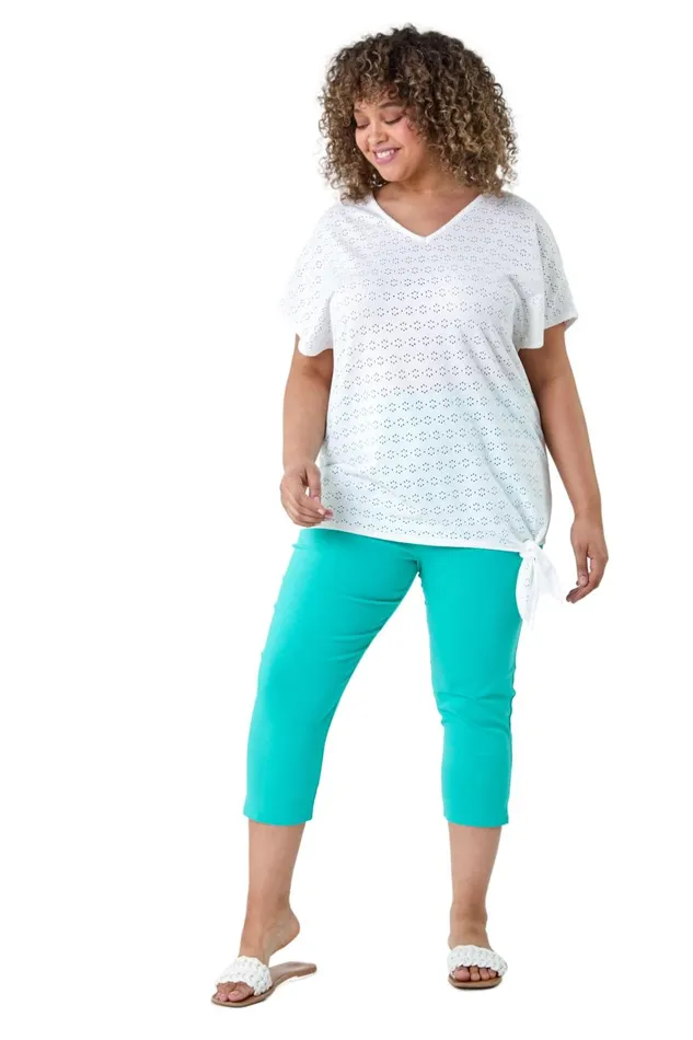 Women Ivory Curve Broderie Stretch Tie Detail Top Roman Tops