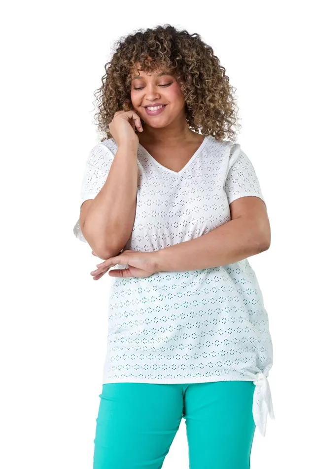 Women Ivory Curve Broderie Stretch Tie Detail Top Roman Tops
