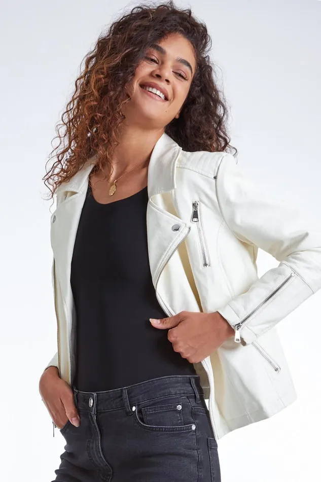 Women Ivory Faux Leather Biker Jacket Roman Jackets