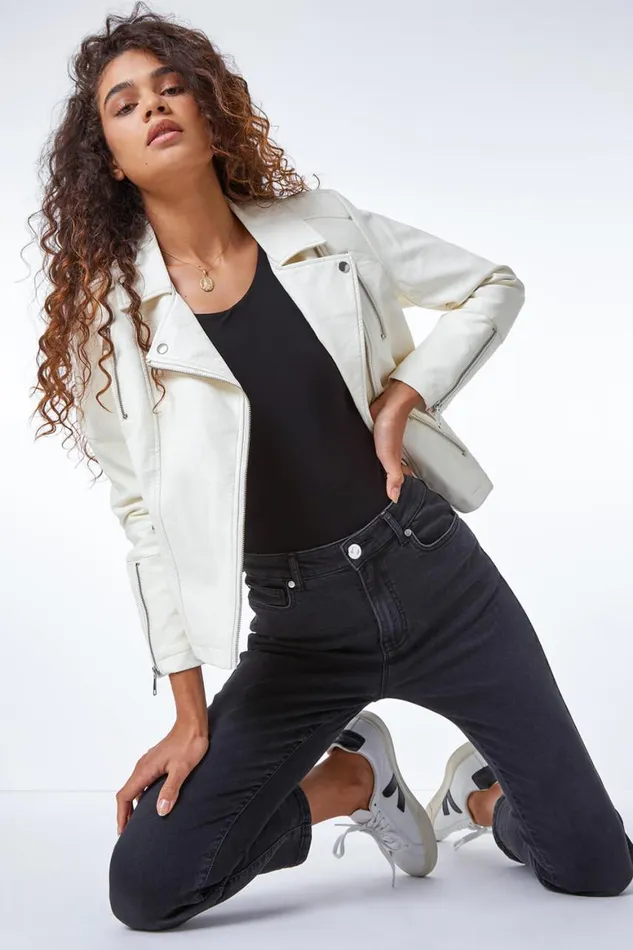Women Ivory Faux Leather Biker Jacket Roman Jackets