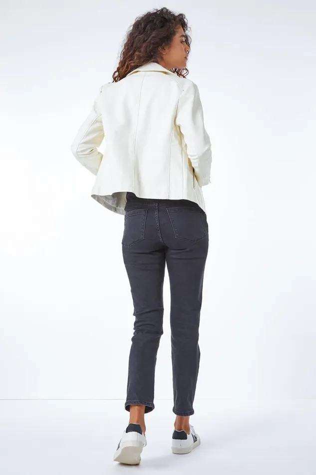 Women Ivory Faux Leather Biker Jacket Roman Jackets