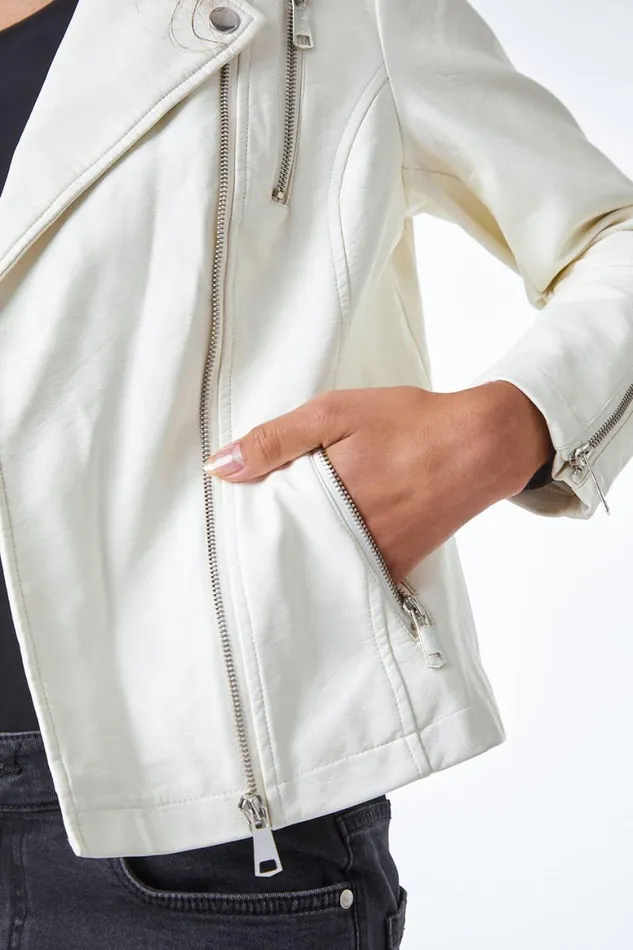 Women Ivory Faux Leather Biker Jacket Roman Jackets