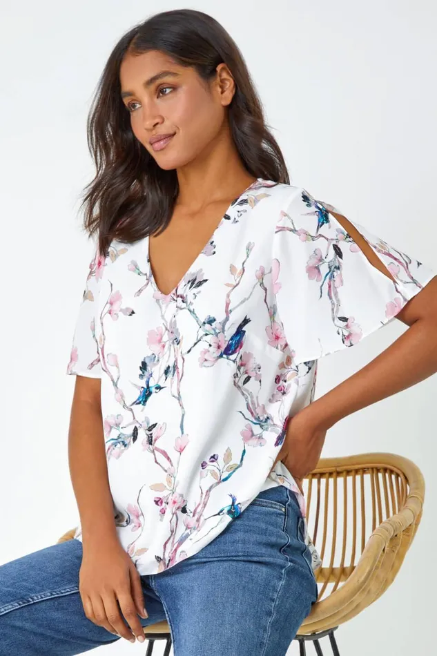 Women Ivory Floral Angel Sleeve VNeck Top Roman Tops