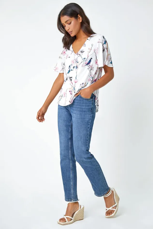 Women Ivory Floral Angel Sleeve VNeck Top Roman Tops