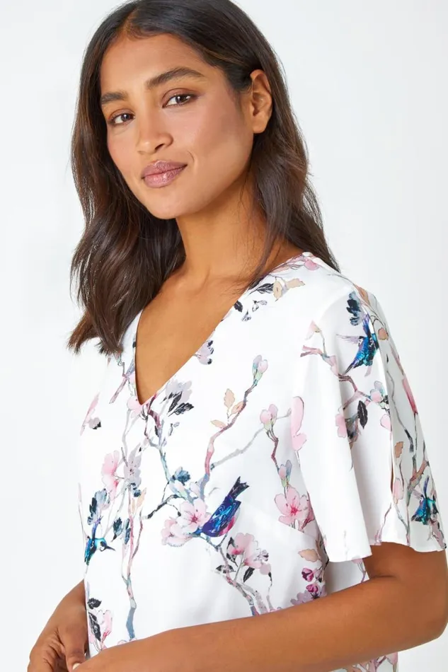 Women Ivory Floral Angel Sleeve VNeck Top Roman Tops