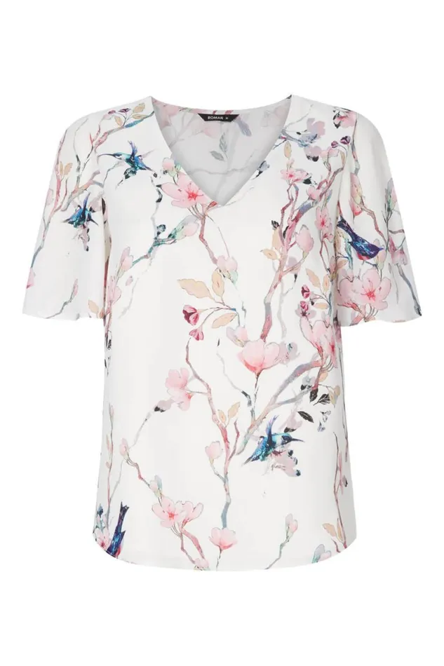 Women Ivory Floral Angel Sleeve VNeck Top Roman Tops