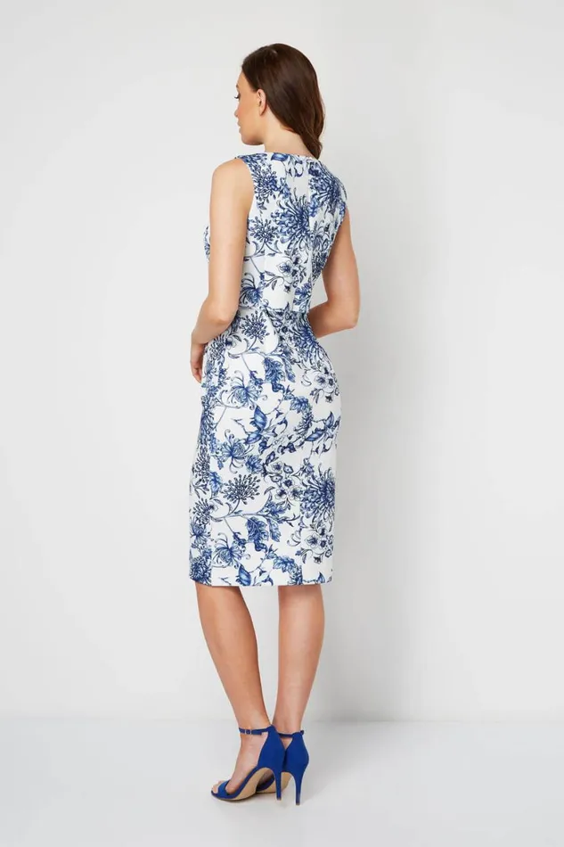 Women Ivory Floral Double Layer Scuba Dress Roman Dresses