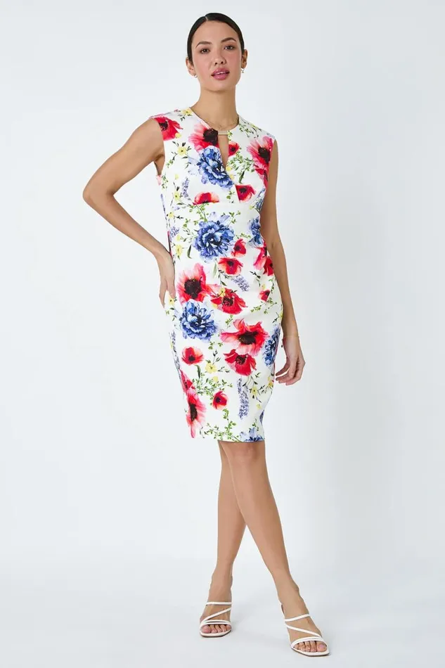 Women Ivory Floral Print Ruched Shift Stretch Dress Roman Dresses