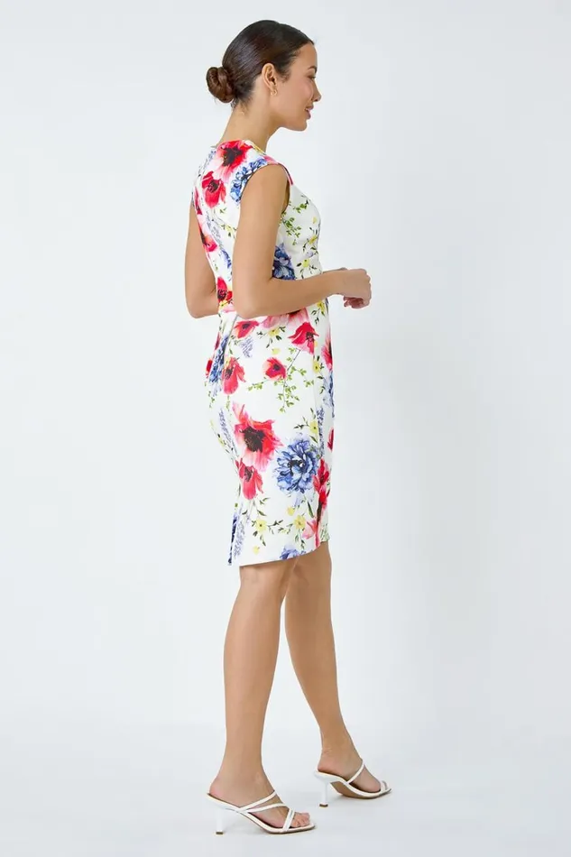 Women Ivory Floral Print Ruched Shift Stretch Dress Roman Dresses