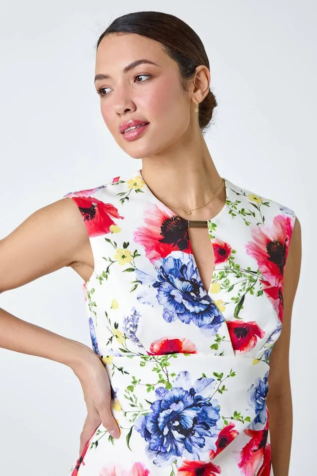 Women Ivory Floral Print Ruched Shift Stretch Dress Roman Dresses